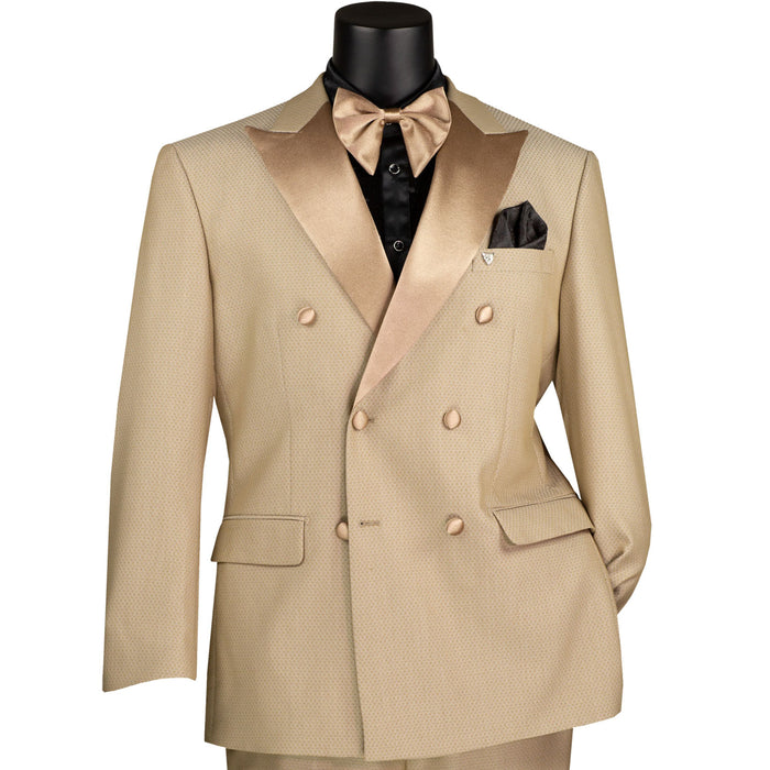 VINCI Men's Beige Double-Breasted Modern Fit Tuxedo with Sateen Trim and Adjustable Waist – NEW. Features an oversized sateen peak lapel, fully lined jacket, flat-front pants with flexible waistband, and unfinished hems for custom tailoring. A bold, elegant choice for black-tie events. Available at Fashion House Inc. (FH Menswear, Style #TMDB-1)