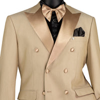 VINCI Men's Beige Double-Breasted Modern Fit Tuxedo with Sateen Trim and Adjustable Waist – NEW. Features an oversized sateen peak lapel, fully lined jacket, flat-front pants with flexible waistband, and unfinished hems for custom tailoring. A bold, elegant choice for black-tie events. Available at Fashion House Inc. (FH Menswear, Style #TMDB-1)