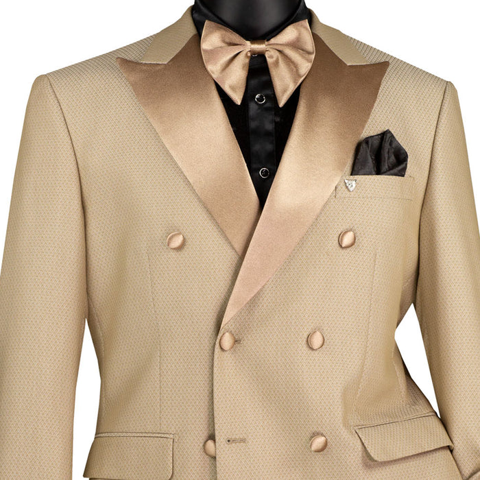 VINCI Men's Beige Double-Breasted Modern Fit Tuxedo with Sateen Trim and Adjustable Waist – NEW. Features an oversized sateen peak lapel, fully lined jacket, flat-front pants with flexible waistband, and unfinished hems for custom tailoring. A bold, elegant choice for black-tie events. Available at Fashion House Inc. (FH Menswear, Style #TMDB-1)