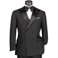 VINCI Men's Black Double-Breasted Modern Fit Tuxedo with Sateen Trim and Adjustable Waist – NEW. Features an oversized sateen peak lapel, fully lined jacket, flat-front pants with flexible waistband, and unfinished hems for custom tailoring. A bold, elegant choice for black-tie events. Available at Fashion House Inc. (FH Menswear, Style #TMDB-1)
