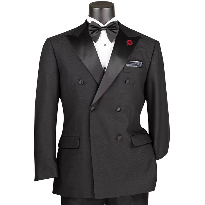 VINCI Men's Black Double-Breasted Modern Fit Tuxedo with Sateen Trim and Adjustable Waist – NEW. Features an oversized sateen peak lapel, fully lined jacket, flat-front pants with flexible waistband, and unfinished hems for custom tailoring. A bold, elegant choice for black-tie events. Available at Fashion House Inc. (FH Menswear, Style #TMDB-1)