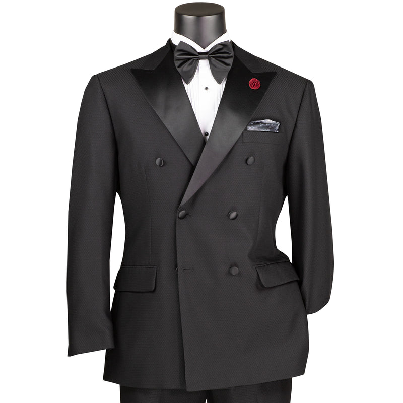 VINCI Men's Black Double-Breasted Modern Fit Tuxedo with Sateen Trim and Adjustable Waist – NEW. Features an oversized sateen peak lapel, fully lined jacket, flat-front pants with flexible waistband, and unfinished hems for custom tailoring. A bold, elegant choice for black-tie events. Available at Fashion House Inc. (FH Menswear, Style #TMDB-1)
