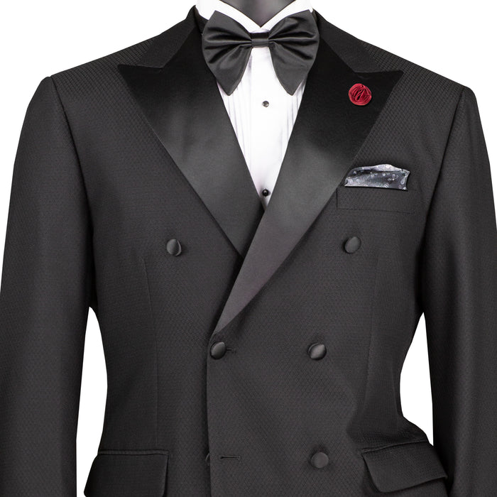 VINCI Men's Black Double-Breasted Modern Fit Tuxedo with Sateen Trim and Adjustable Waist – NEW. Features an oversized sateen peak lapel, fully lined jacket, flat-front pants with flexible waistband, and unfinished hems for custom tailoring. A bold, elegant choice for black-tie events. Available at Fashion House Inc. (FH Menswear, Style #TMDB-1)