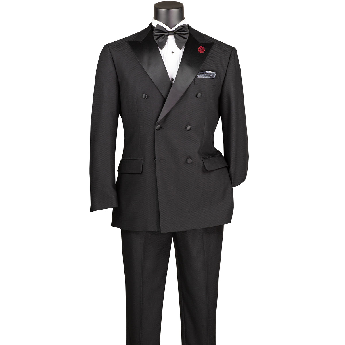 VINCI Men's Black Double-Breasted Modern Fit Tuxedo with Sateen Trim and Adjustable Waist – NEW. Features an oversized sateen peak lapel, fully lined jacket, flat-front pants with flexible waistband, and unfinished hems for custom tailoring. A bold, elegant choice for black-tie events. Available at Fashion House Inc. (FH Menswear, Style #TMDB-1)