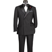 VINCI Men's Black Double-Breasted Modern Fit Tuxedo with Sateen Trim and Adjustable Waist – NEW. Features an oversized sateen peak lapel, fully lined jacket, flat-front pants with flexible waistband, and unfinished hems for custom tailoring. A bold, elegant choice for black-tie events. Available at Fashion House Inc. (FH Menswear, Style #TMDB-1)