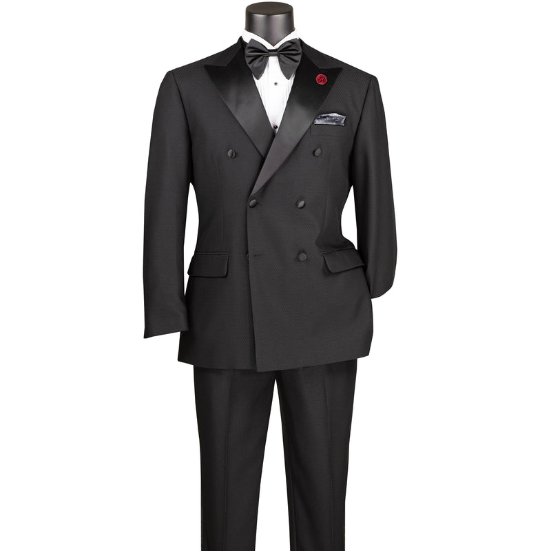 VINCI Men's Black Double-Breasted Modern Fit Tuxedo with Sateen Trim and Adjustable Waist – NEW. Features an oversized sateen peak lapel, fully lined jacket, flat-front pants with flexible waistband, and unfinished hems for custom tailoring. A bold, elegant choice for black-tie events. Available at Fashion House Inc. (FH Menswear, Style #TMDB-1)