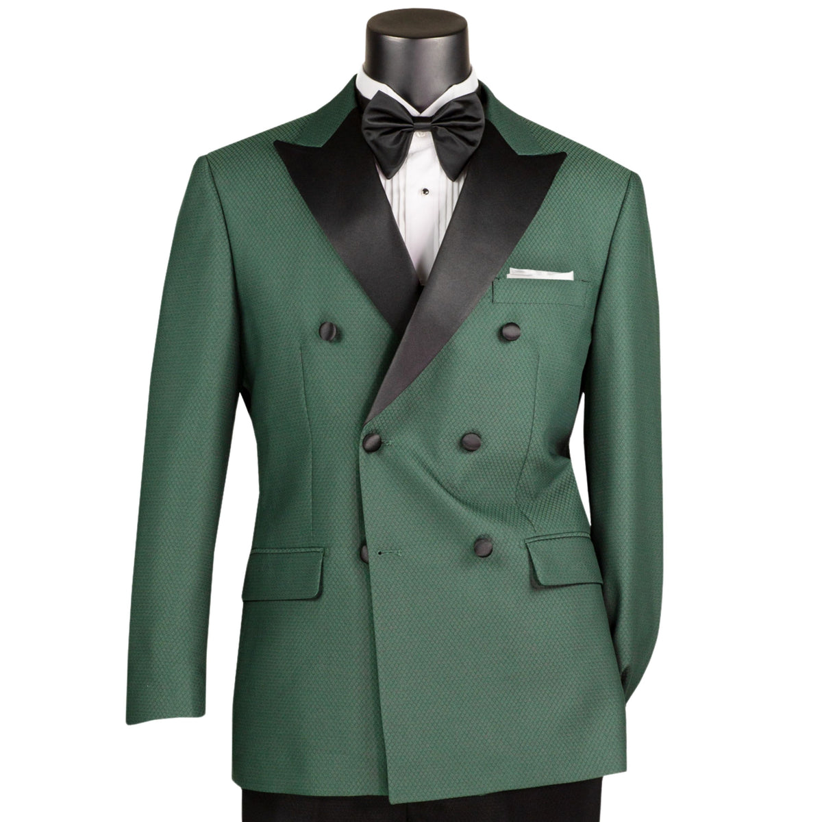 VINCI Men's Hunter Green Double Breasted Modern Fit Tuxedo with Sateen Trim & Flexible Waistband NEW. Features an oversized sateen peak lapel, fully lined jacket, flat front pants with a flexible comfort waistband, and unfinished hems for custom tailoring. A bold, elegant choice for black tie events. Available at Fashion House Inc. (FH Menswear, Style #TMDB-1)