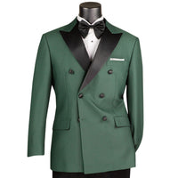 VINCI Men's Hunter Green Double Breasted Modern Fit Tuxedo with Sateen Trim & Flexible Waistband NEW. Features an oversized sateen peak lapel, fully lined jacket, flat front pants with a flexible comfort waistband, and unfinished hems for custom tailoring. A bold, elegant choice for black tie events. Available at Fashion House Inc. (FH Menswear, Style #TMDB-1)