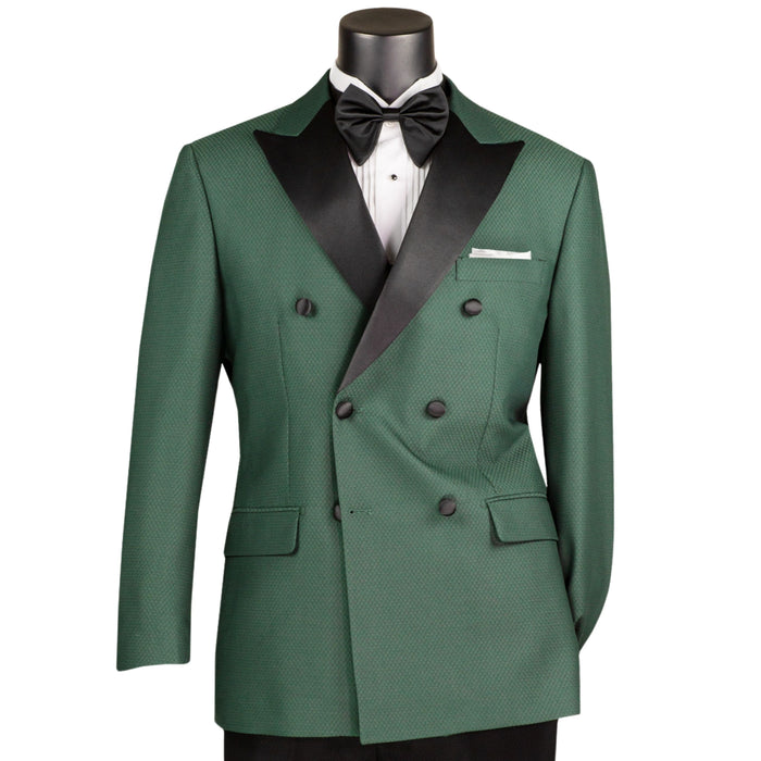 VINCI Men's Hunter Green Double Breasted Modern Fit Tuxedo with Sateen Trim & Flexible Waistband NEW. Features an oversized sateen peak lapel, fully lined jacket, flat front pants with a flexible comfort waistband, and unfinished hems for custom tailoring. A bold, elegant choice for black tie events. Available at Fashion House Inc. (FH Menswear, Style #TMDB-1)