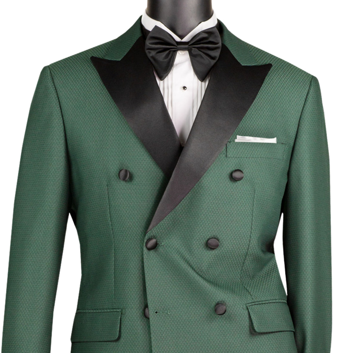 VINCI Men's Hunter Green Double Breasted Modern Fit Tuxedo with Sateen Trim & Flexible Waistband NEW. Features an oversized sateen peak lapel, fully lined jacket, flat front pants with a flexible comfort waistband, and unfinished hems for custom tailoring. A bold, elegant choice for black tie events. Available at Fashion House Inc. (FH Menswear, Style #TMDB-1)
