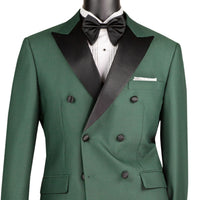 VINCI Men's Hunter Green Double Breasted Modern Fit Tuxedo with Sateen Trim & Flexible Waistband NEW. Features an oversized sateen peak lapel, fully lined jacket, flat front pants with a flexible comfort waistband, and unfinished hems for custom tailoring. A bold, elegant choice for black tie events. Available at Fashion House Inc. (FH Menswear, Style #TMDB-1)