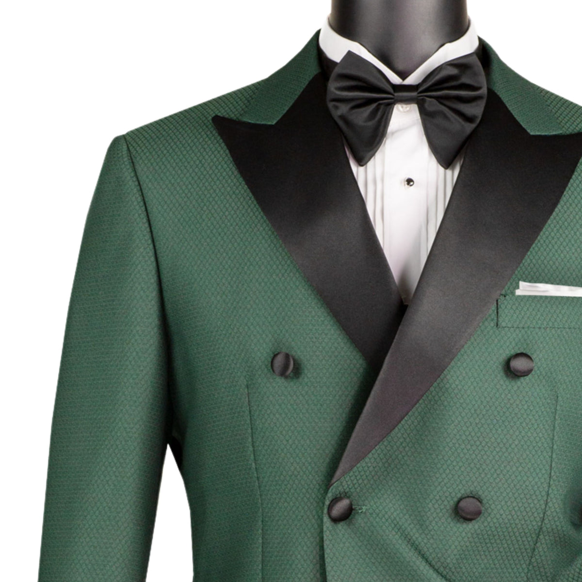 VINCI Men's Hunter Green Double Breasted Modern Fit Tuxedo with Sateen Trim & Flexible Waistband NEW. Features an oversized sateen peak lapel, fully lined jacket, flat front pants with a flexible comfort waistband, and unfinished hems for custom tailoring. A bold, elegant choice for black tie events. Available at Fashion House Inc. (FH Menswear, Style #TMDB-1)