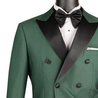 VINCI Men's Hunter Green Double Breasted Modern Fit Tuxedo with Sateen Trim & Flexible Waistband NEW. Features an oversized sateen peak lapel, fully lined jacket, flat front pants with a flexible comfort waistband, and unfinished hems for custom tailoring. A bold, elegant choice for black tie events. Available at Fashion House Inc. (FH Menswear, Style #TMDB-1)