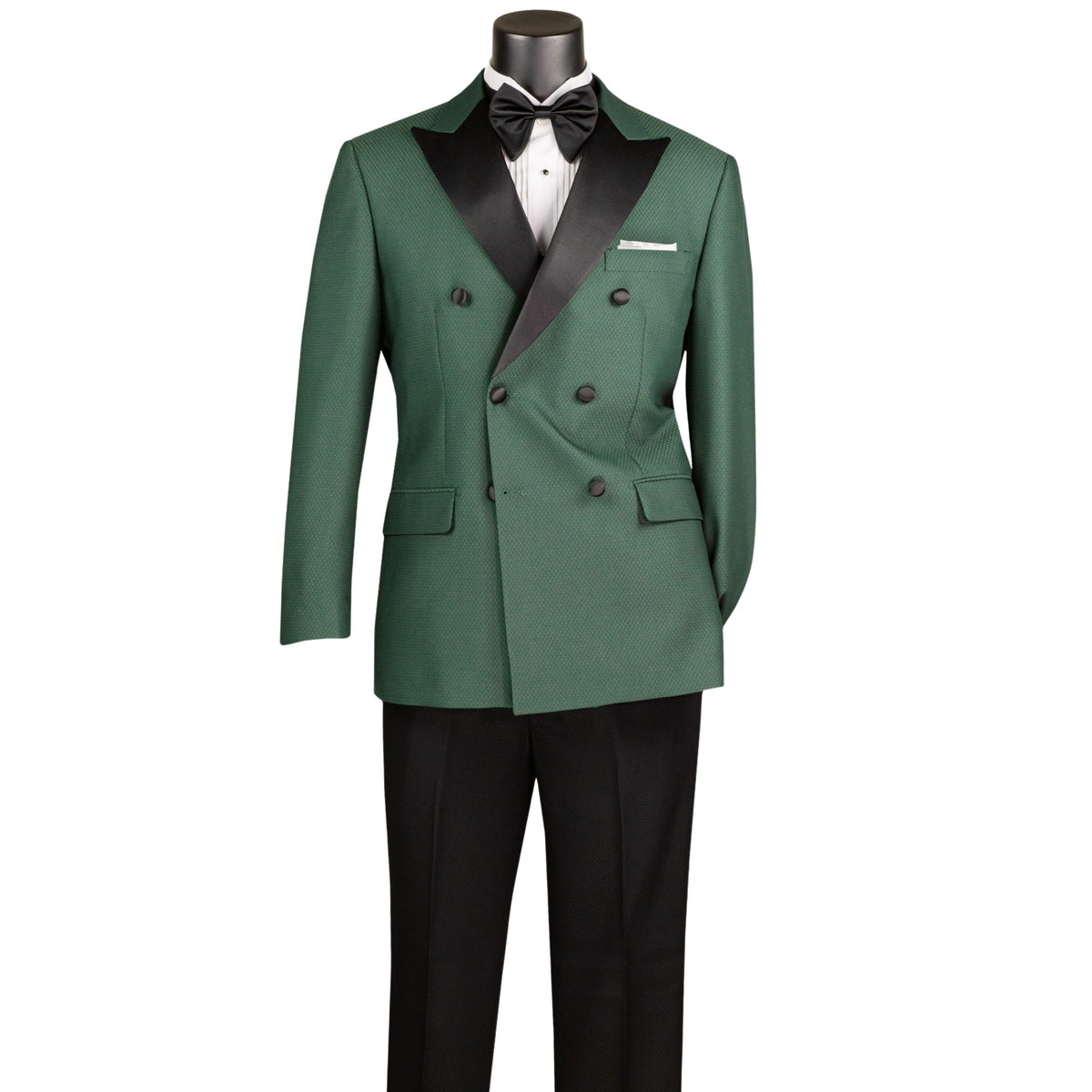 VINCI Men's Hunter Green Double Breasted Modern Fit Tuxedo with Sateen Trim & Flexible Waistband NEW. Features an oversized sateen peak lapel, fully lined jacket, flat front pants with a flexible comfort waistband, and unfinished hems for custom tailoring. A bold, elegant choice for black tie events. Available at Fashion House Inc. (FH Menswear, Style #TMDB-1)