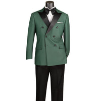 VINCI Men's Hunter Green Double Breasted Modern Fit Tuxedo with Sateen Trim & Flexible Waistband NEW. Features an oversized sateen peak lapel, fully lined jacket, flat front pants with a flexible comfort waistband, and unfinished hems for custom tailoring. A bold, elegant choice for black tie events. Available at Fashion House Inc. (FH Menswear, Style #TMDB-1)