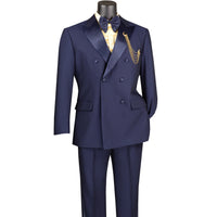 VINCI Men's Navy Blue Double-Breasted Modern Fit Tuxedo with Sateen Trim and Adjustable Waist – NEW. Features an oversized sateen peak lapel, fully lined jacket, flat-front pants with flexible waistband, and unfinished hems for custom tailoring. A bold, elegant choice for black-tie events. Available at Fashion House Inc. (FH Menswear, Style #TMDB-1)