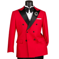 VINCI Men's Red Double-Breasted Modern Fit Tuxedo with Sateen Trim and Adjustable Waist – NEW. Features an oversized sateen peak lapel, fully lined jacket, flat-front pants with flexible waistband, and unfinished hems for custom tailoring. A bold, elegant choice for black-tie events. Available at Fashion House Inc. (FH Menswear, Style #TMDB-1)