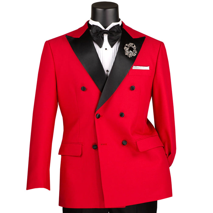 VINCI Men's Red Double-Breasted Modern Fit Tuxedo with Sateen Trim and Adjustable Waist – NEW. Features an oversized sateen peak lapel, fully lined jacket, flat-front pants with flexible waistband, and unfinished hems for custom tailoring. A bold, elegant choice for black-tie events. Available at Fashion House Inc. (FH Menswear, Style #TMDB-1)