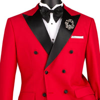 VINCI Men's Red Double-Breasted Modern Fit Tuxedo with Sateen Trim and Adjustable Waist – NEW. Features an oversized sateen peak lapel, fully lined jacket, flat-front pants with flexible waistband, and unfinished hems for custom tailoring. A bold, elegant choice for black-tie events. Available at Fashion House Inc. (FH Menswear, Style #TMDB-1)