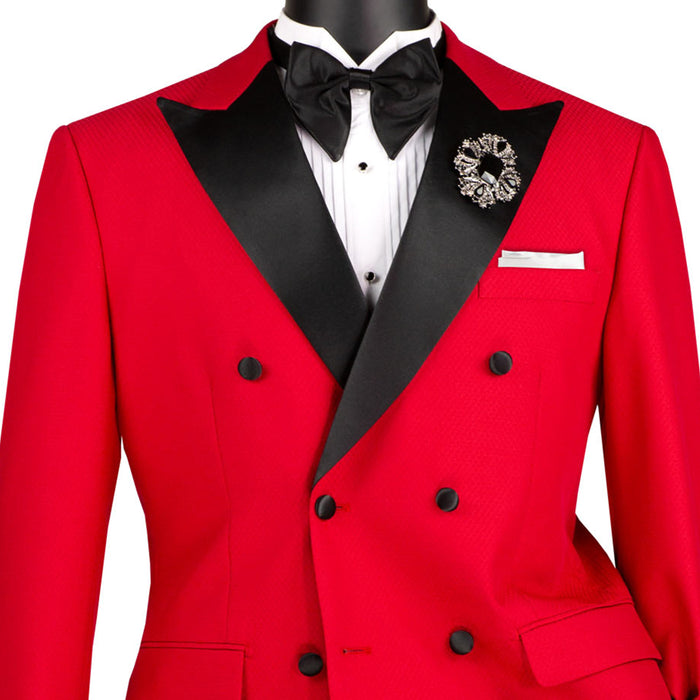 VINCI Men's Red Double-Breasted Modern Fit Tuxedo with Sateen Trim and Adjustable Waist – NEW. Features an oversized sateen peak lapel, fully lined jacket, flat-front pants with flexible waistband, and unfinished hems for custom tailoring. A bold, elegant choice for black-tie events. Available at Fashion House Inc. (FH Menswear, Style #TMDB-1)
