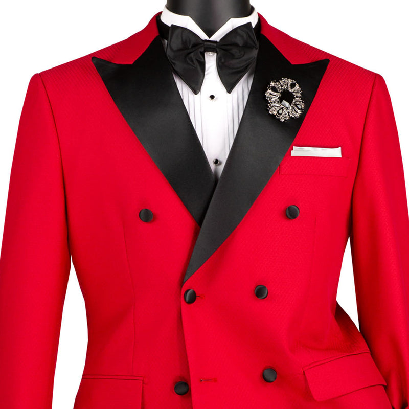 VINCI Men's Red Double-Breasted Modern Fit Tuxedo with Sateen Trim and Adjustable Waist – NEW. Features an oversized sateen peak lapel, fully lined jacket, flat-front pants with flexible waistband, and unfinished hems for custom tailoring. A bold, elegant choice for black-tie events. Available at Fashion House Inc. (FH Menswear, Style #TMDB-1)