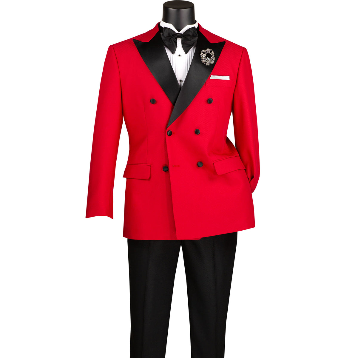 VINCI Men's Red Double-Breasted Modern Fit Tuxedo with Sateen Trim and Adjustable Waist – NEW. Features an oversized sateen peak lapel, fully lined jacket, flat-front pants with flexible waistband, and unfinished hems for custom tailoring. A bold, elegant choice for black-tie events. Available at Fashion House Inc. (FH Menswear, Style #TMDB-1)