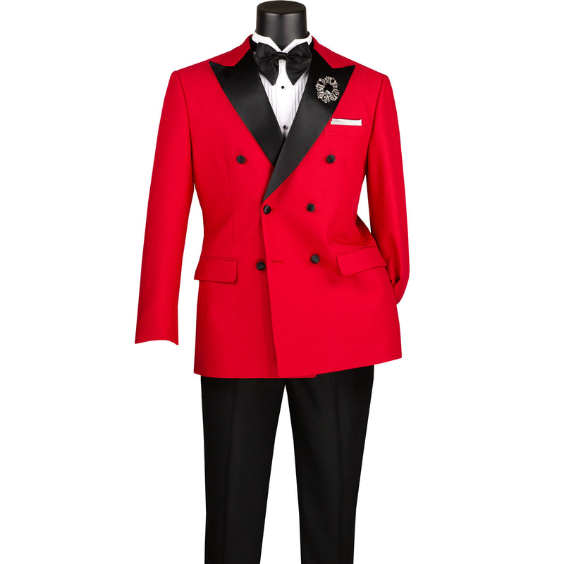 VINCI Men's Red Double-Breasted Modern Fit Tuxedo with Sateen Trim and Adjustable Waist – NEW. Features an oversized sateen peak lapel, fully lined jacket, flat-front pants with flexible waistband, and unfinished hems for custom tailoring. A bold, elegant choice for black-tie events. Available at Fashion House Inc. (FH Menswear, Style #TMDB-1)