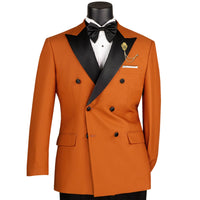 VINCI Men's Rust Brown Double Breasted Modern Fit Tuxedo with Sateen Trim & Flexible Waistband NEW. Features an oversized sateen peak lapel, fully lined jacket, flat front pants with a flexible comfort waistband, and unfinished hems for custom tailoring. A bold, elegant choice for black tie events. Available at Fashion House Inc. (FH Menswear, Style #TMDB-1)