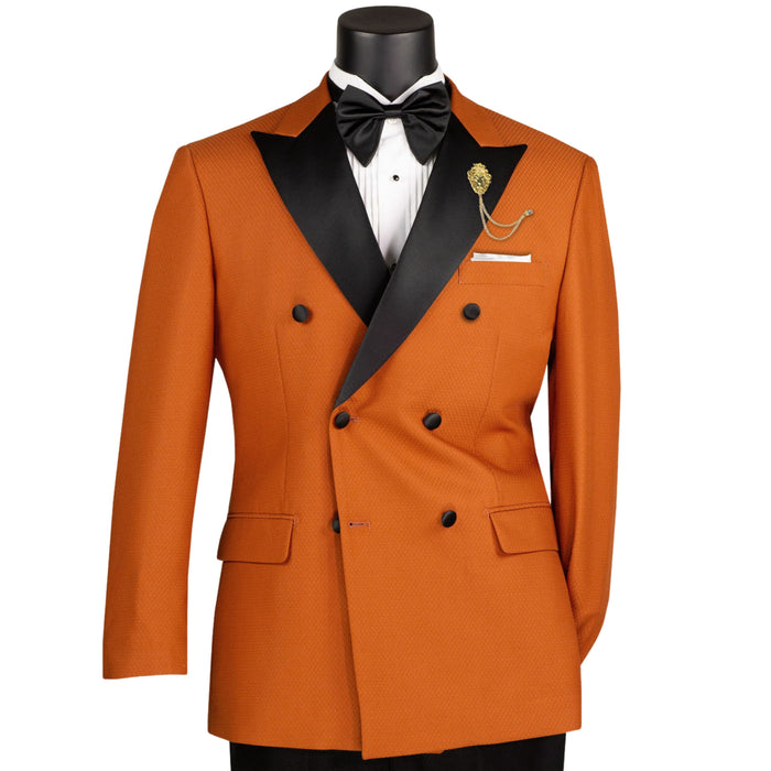 VINCI Men's Rust Brown Double Breasted Modern Fit Tuxedo with Sateen Trim & Flexible Waistband NEW. Features an oversized sateen peak lapel, fully lined jacket, flat front pants with a flexible comfort waistband, and unfinished hems for custom tailoring. A bold, elegant choice for black tie events. Available at Fashion House Inc. (FH Menswear, Style #TMDB-1)