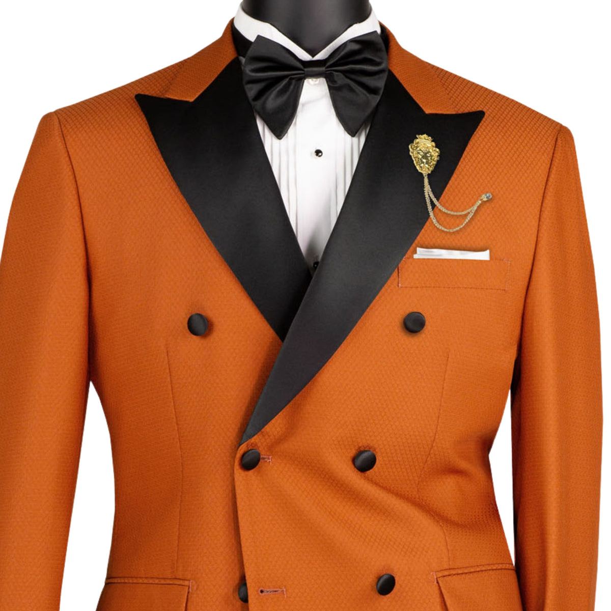 VINCI Men's Rust Brown Double Breasted Modern Fit Tuxedo with Sateen Trim & Flexible Waistband NEW. Features an oversized sateen peak lapel, fully lined jacket, flat front pants with a flexible comfort waistband, and unfinished hems for custom tailoring. A bold, elegant choice for black tie events. Available at Fashion House Inc. (FH Menswear, Style #TMDB-1)
