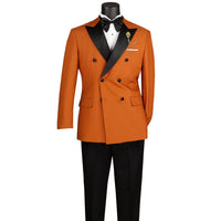 VINCI Men's Rust Brown Double Breasted Modern Fit Tuxedo with Sateen Trim & Flexible Waistband NEW. Features an oversized sateen peak lapel, fully lined jacket, flat front pants with a flexible comfort waistband, and unfinished hems for custom tailoring. A bold, elegant choice for black tie events. Available at Fashion House Inc. (FH Menswear, Style #TMDB-1)