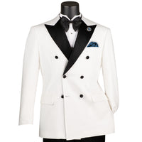 VINCI Men's White Double-Breasted Modern Fit Tuxedo with Sateen Trim and Adjustable Waist – NEW. Features an oversized sateen peak lapel, fully lined jacket, flat-front pants with flexible waistband, and unfinished hems for custom tailoring. A bold, elegant choice for black-tie events. Available at Fashion House Inc. (FH Menswear, Style #TMDB-1)
