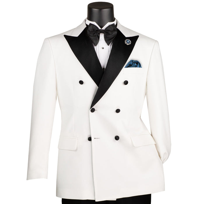 VINCI Men's White Double-Breasted Modern Fit Tuxedo with Sateen Trim and Adjustable Waist – NEW. Features an oversized sateen peak lapel, fully lined jacket, flat-front pants with flexible waistband, and unfinished hems for custom tailoring. A bold, elegant choice for black-tie events. Available at Fashion House Inc. (FH Menswear, Style #TMDB-1)