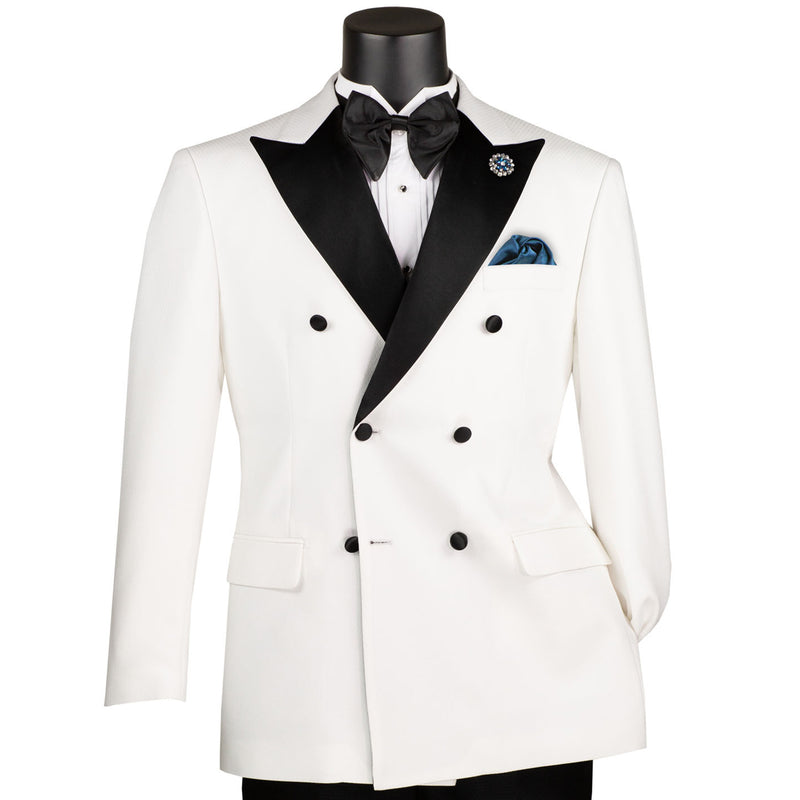 VINCI Men's White Double-Breasted Modern Fit Tuxedo with Sateen Trim and Adjustable Waist – NEW. Features an oversized sateen peak lapel, fully lined jacket, flat-front pants with flexible waistband, and unfinished hems for custom tailoring. A bold, elegant choice for black-tie events. Available at Fashion House Inc. (FH Menswear, Style #TMDB-1)
