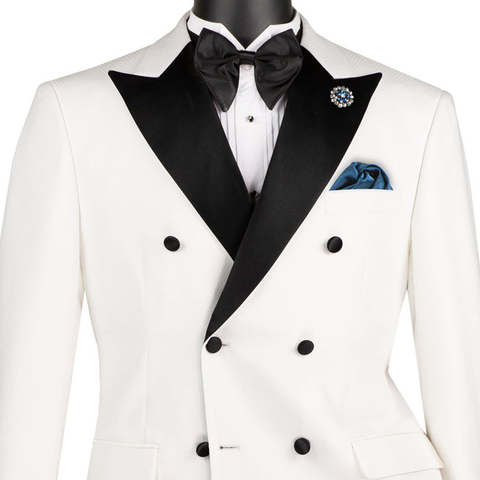 VINCI Men's White Double-Breasted Modern Fit Tuxedo with Sateen Trim and Adjustable Waist – NEW. Features an oversized sateen peak lapel, fully lined jacket, flat-front pants with flexible waistband, and unfinished hems for custom tailoring. A bold, elegant choice for black-tie events. Available at Fashion House Inc. (FH Menswear, Style #TMDB-1)