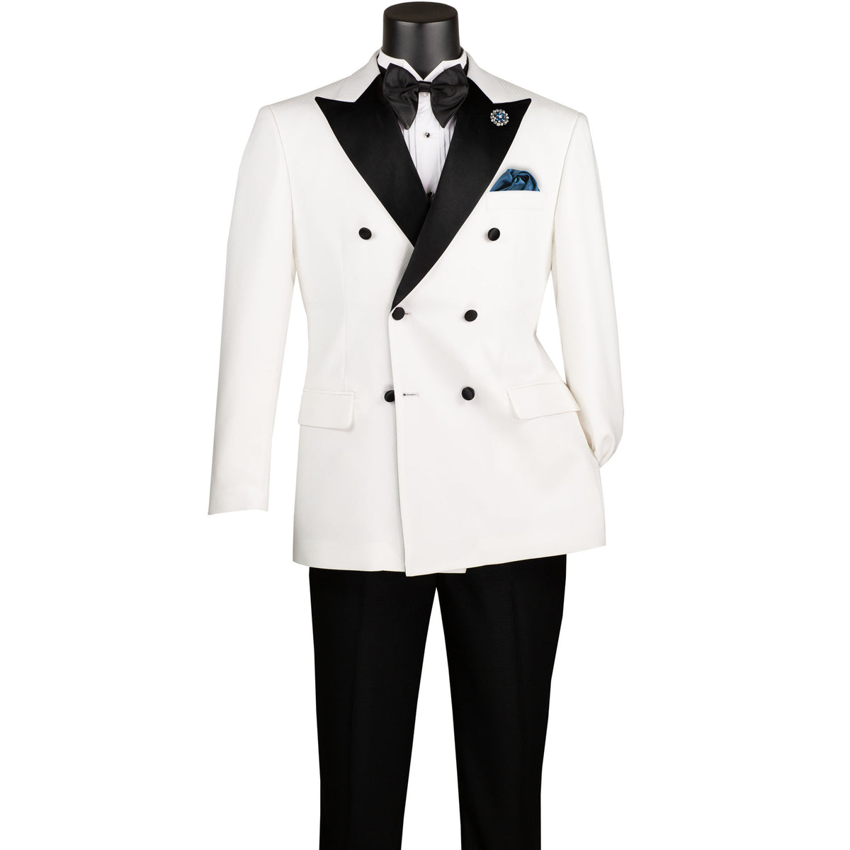 VINCI Men's White Double-Breasted Modern Fit Tuxedo with Sateen Trim and Adjustable Waist – NEW. Features an oversized sateen peak lapel, fully lined jacket, flat-front pants with flexible waistband, and unfinished hems for custom tailoring. A bold, elegant choice for black-tie events. Available at Fashion House Inc. (FH Menswear, Style #TMDB-1)