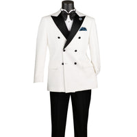 VINCI Men's White Double-Breasted Modern Fit Tuxedo with Sateen Trim and Adjustable Waist – NEW. Features an oversized sateen peak lapel, fully lined jacket, flat-front pants with flexible waistband, and unfinished hems for custom tailoring. A bold, elegant choice for black-tie events. Available at Fashion House Inc. (FH Menswear, Style #TMDB-1)
