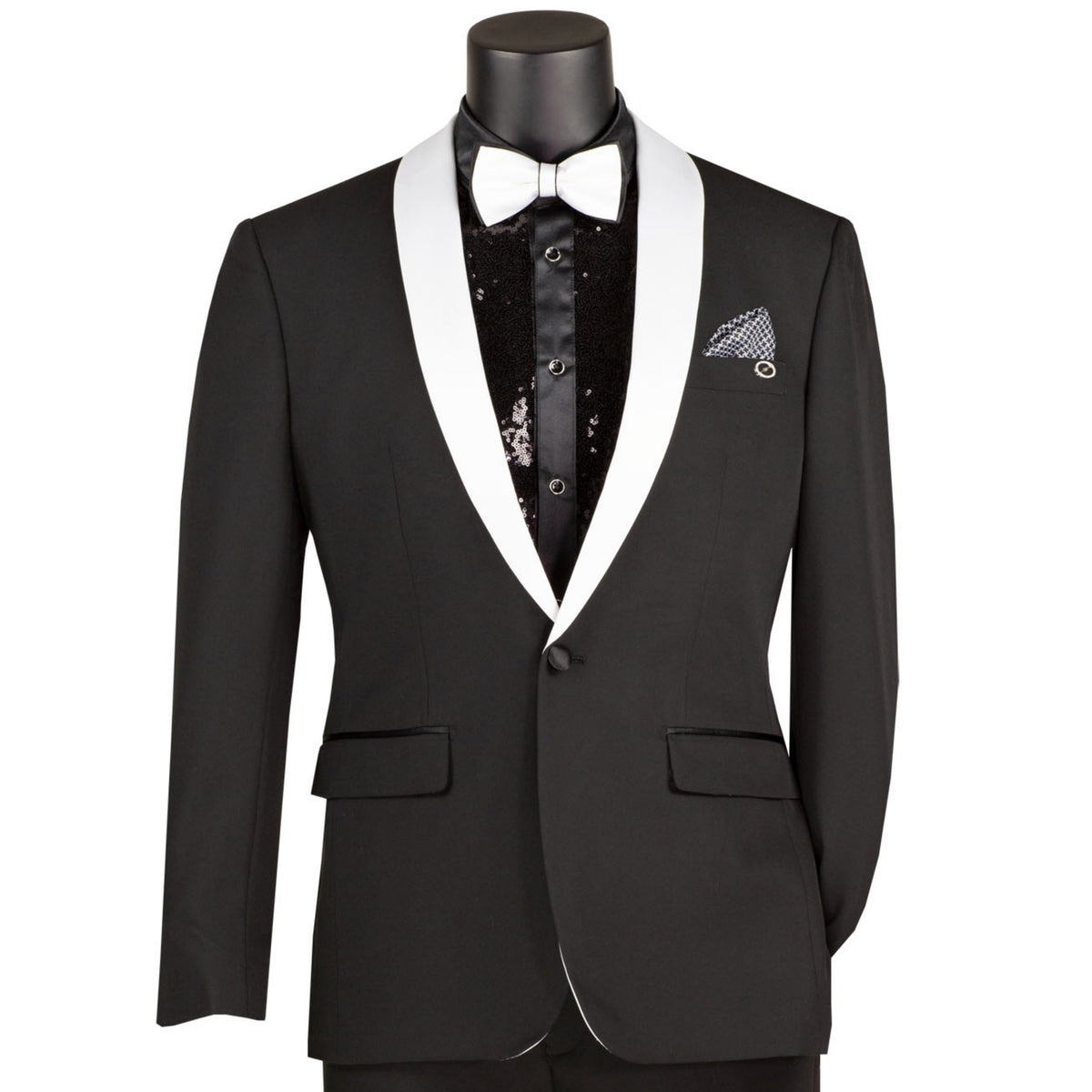 VINCI Men's Black Stretch 1-Button Slim-Fit Shawl Tuxedo - NEW. Features a sleek slim-fit design with skinny sateen shawl lapel and flat-front pants ready for tailoring. Ideal for weddings, galas, and formal occasions. Available at Fashion House Inc. (FH Menswear)