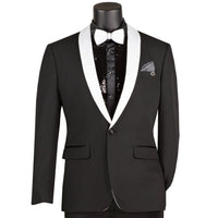 VINCI Men's Black Stretch 1-Button Slim-Fit Shawl Tuxedo - NEW. Features a sleek slim-fit design with skinny sateen shawl lapel and flat-front pants ready for tailoring. Ideal for weddings, galas, and formal occasions. Available at Fashion House Inc. (FH Menswear)
