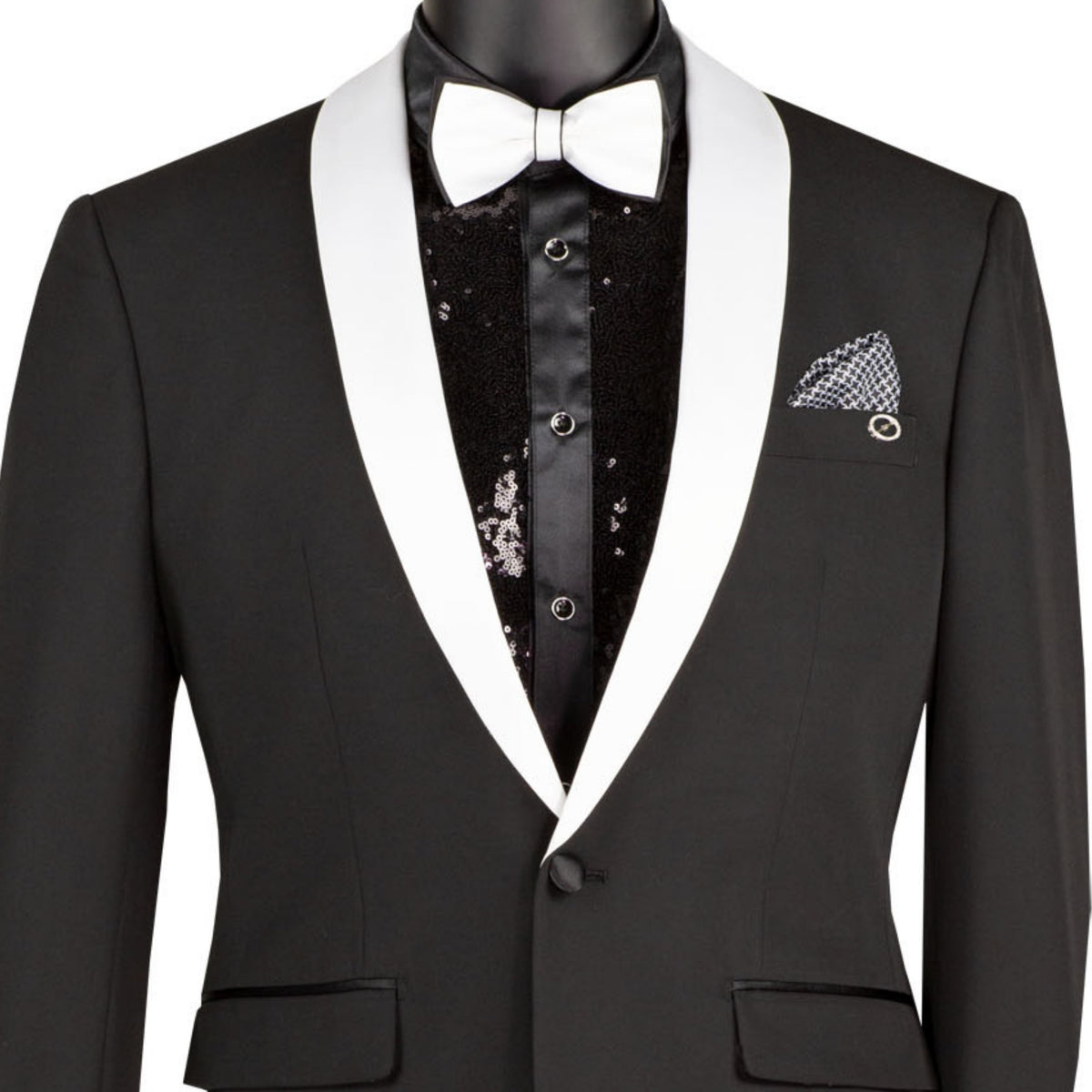VINCI Men's Black Stretch 1-Button Slim-Fit Shawl Tuxedo - NEW. Features a sleek slim-fit design with skinny sateen shawl lapel and flat-front pants ready for tailoring. Ideal for weddings, galas, and formal occasions. Available at Fashion House Inc. (FH Menswear)