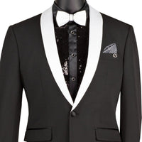 VINCI Men's Black Stretch 1-Button Slim-Fit Shawl Tuxedo - NEW. Features a sleek slim-fit design with skinny sateen shawl lapel and flat-front pants ready for tailoring. Ideal for weddings, galas, and formal occasions. Available at Fashion House Inc. (FH Menswear)