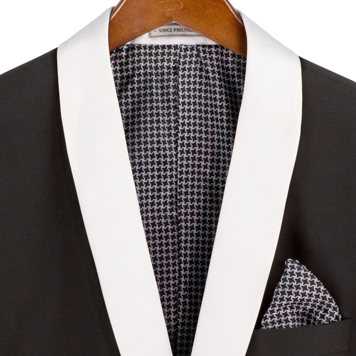 VINCI Men's Black Stretch 1-Button Slim-Fit Shawl Tuxedo - NEW. Features a sleek slim-fit design with skinny sateen shawl lapel and flat-front pants ready for tailoring. Ideal for weddings, galas, and formal occasions. Available at Fashion House Inc. (FH Menswear)