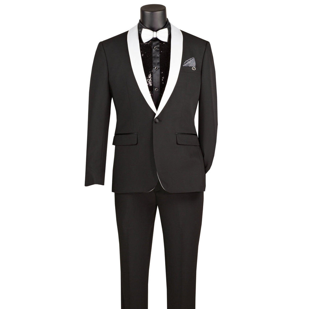 VINCI Men's Black Stretch 1-Button Slim-Fit Shawl Tuxedo - NEW. Features a sleek slim-fit design with skinny sateen shawl lapel and flat-front pants ready for tailoring. Ideal for weddings, galas, and formal occasions. Available at Fashion House Inc. (FH Menswear)