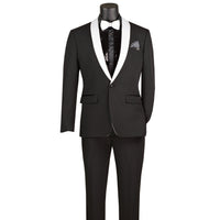 VINCI Men's Black Stretch 1-Button Slim-Fit Shawl Tuxedo - NEW. Features a sleek slim-fit design with skinny sateen shawl lapel and flat-front pants ready for tailoring. Ideal for weddings, galas, and formal occasions. Available at Fashion House Inc. (FH Menswear)