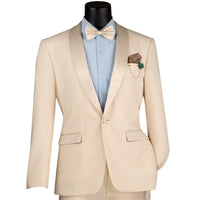 VINCI Men's Champagne Beige Stretch 1-Button Slim-Fit Shawl Tuxedo - NEW. Features a sleek slim-fit design with skinny sateen shawl lapel and flat-front pants ready for tailoring. Ideal for weddings, galas, and formal occasions. Available at Fashion House Inc. (FH Menswear)