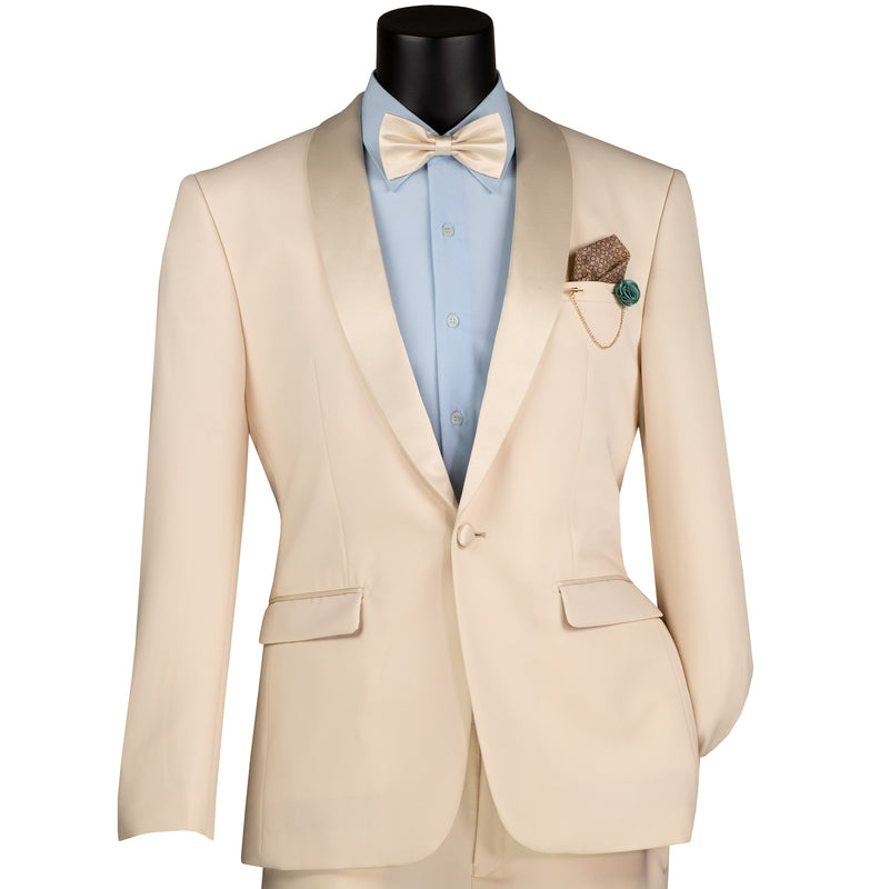 VINCI Men's Champagne Beige Stretch 1-Button Slim-Fit Shawl Tuxedo - NEW. Features a sleek slim-fit design with skinny sateen shawl lapel and flat-front pants ready for tailoring. Ideal for weddings, galas, and formal occasions. Available at Fashion House Inc. (FH Menswear)