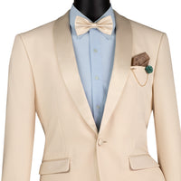 VINCI Men's Champagne Beige Stretch 1-Button Slim-Fit Shawl Tuxedo - NEW. Features a sleek slim-fit design with skinny sateen shawl lapel and flat-front pants ready for tailoring. Ideal for weddings, galas, and formal occasions. Available at Fashion House Inc. (FH Menswear)