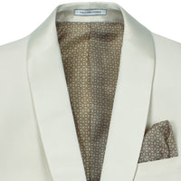 VINCI Men's Champagne Beige Stretch 1-Button Slim-Fit Shawl Tuxedo - NEW. Features a sleek slim-fit design with skinny sateen shawl lapel and flat-front pants ready for tailoring. Ideal for weddings, galas, and formal occasions. Available at Fashion House Inc. (FH Menswear)