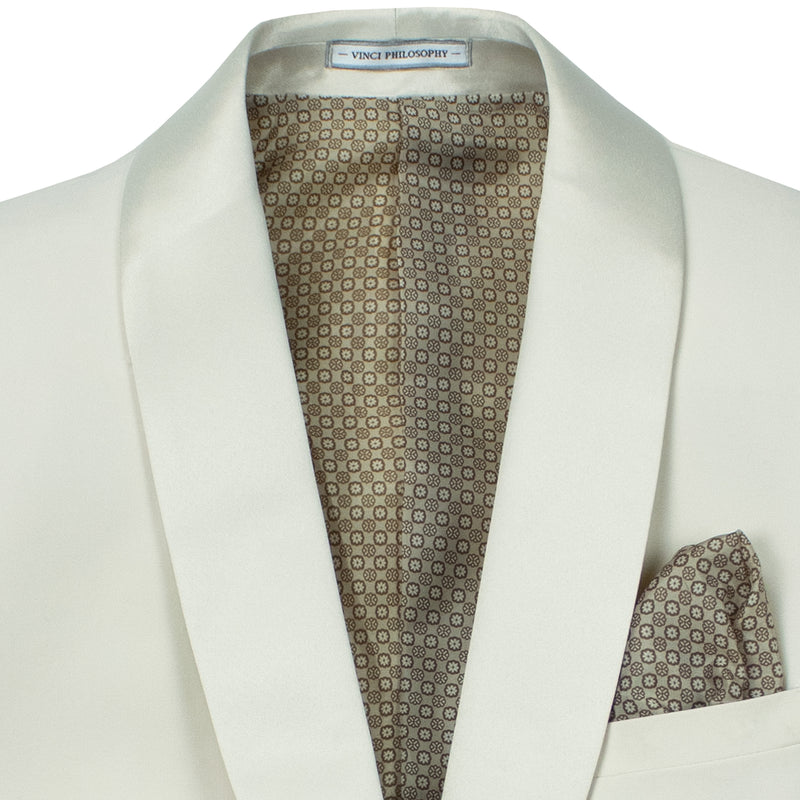 VINCI Men's Champagne Beige Stretch 1-Button Slim-Fit Shawl Tuxedo - NEW. Features a sleek slim-fit design with skinny sateen shawl lapel and flat-front pants ready for tailoring. Ideal for weddings, galas, and formal occasions. Available at Fashion House Inc. (FH Menswear)