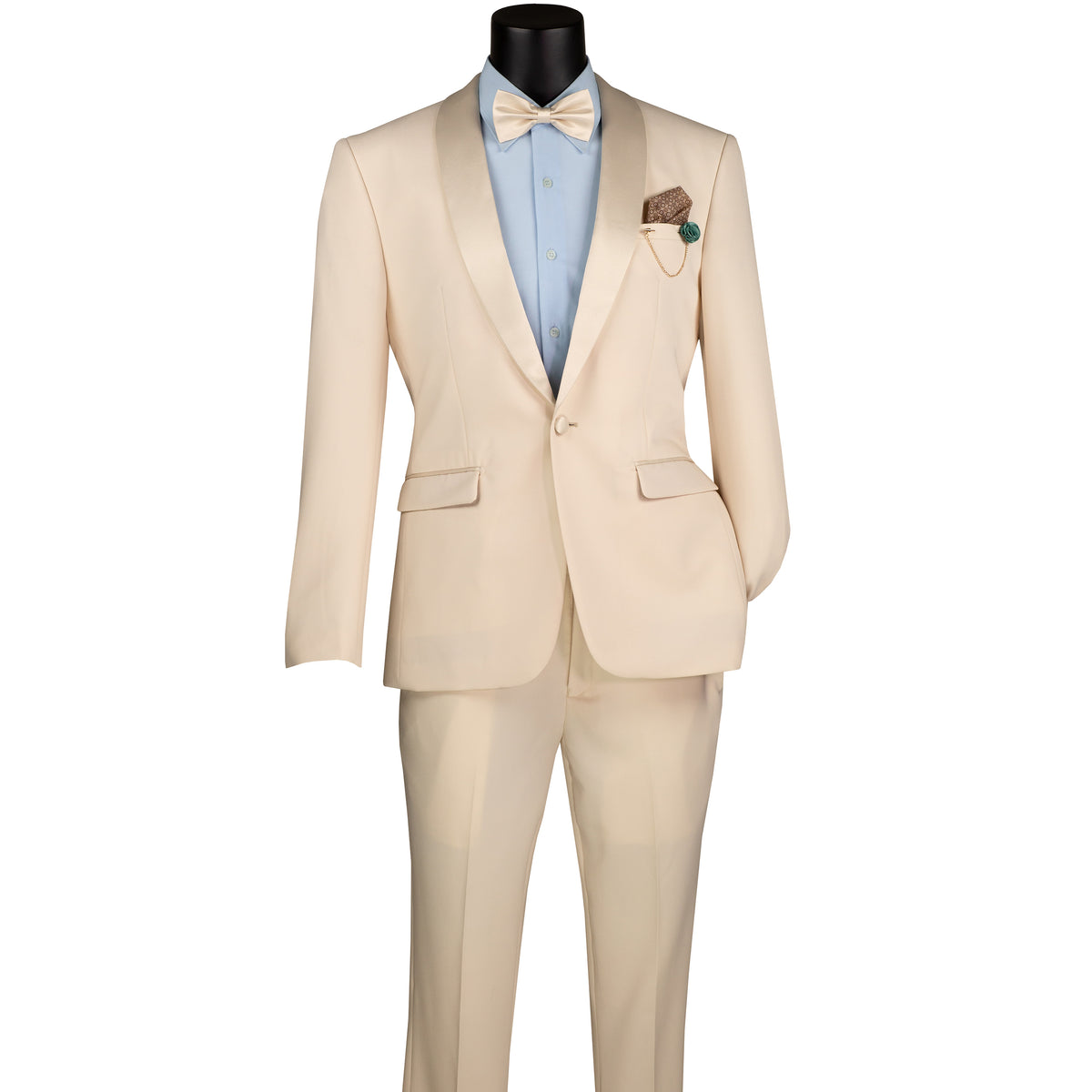 VINCI Men's Champagne Beige Stretch 1-Button Slim-Fit Shawl Tuxedo - NEW. Features a sleek slim-fit design with skinny sateen shawl lapel and flat-front pants ready for tailoring. Ideal for weddings, galas, and formal occasions. Available at Fashion House Inc. (FH Menswear)